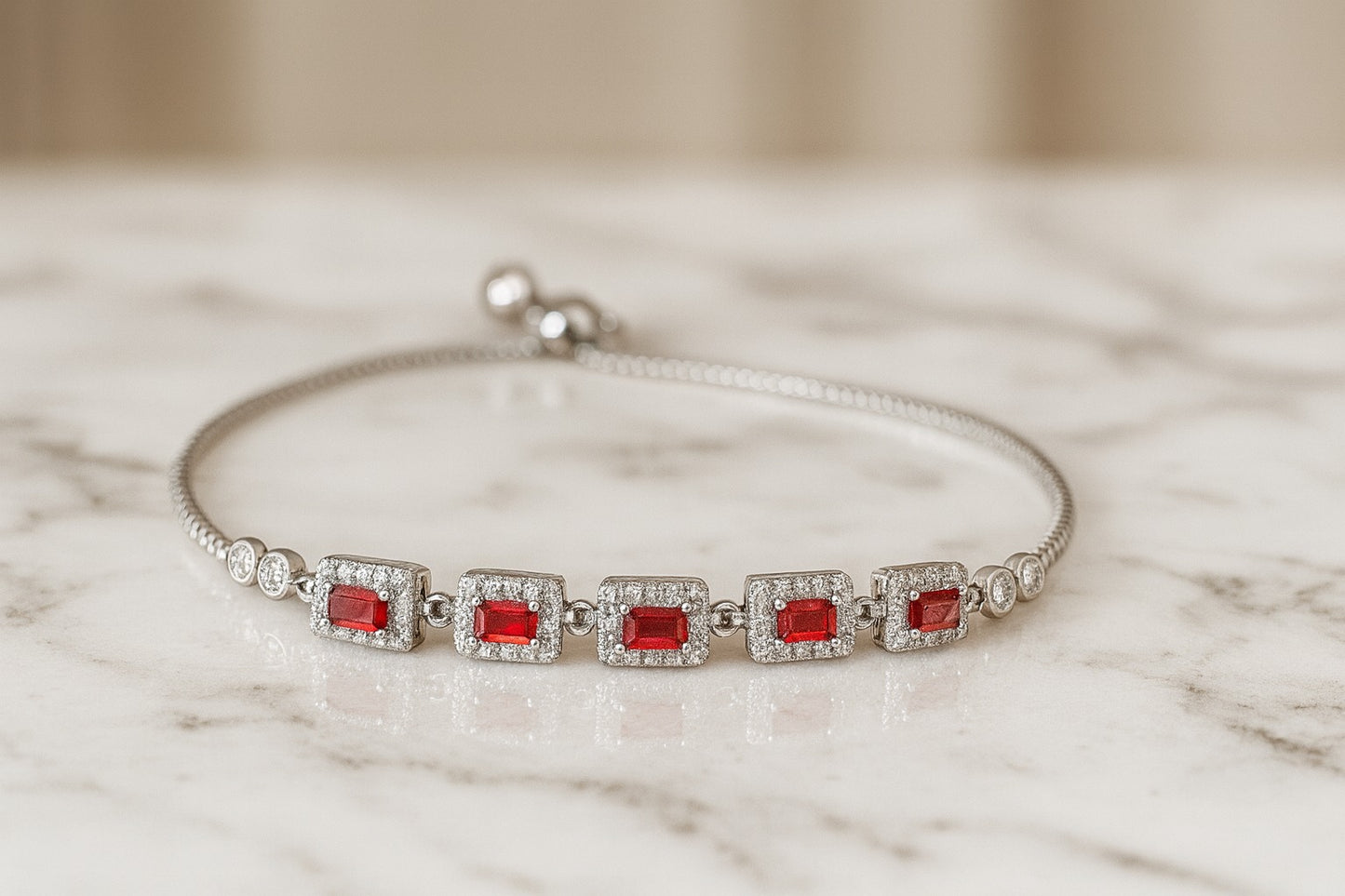 "Radiant Ruby & Diamond Halo Adjustable Bracelet"