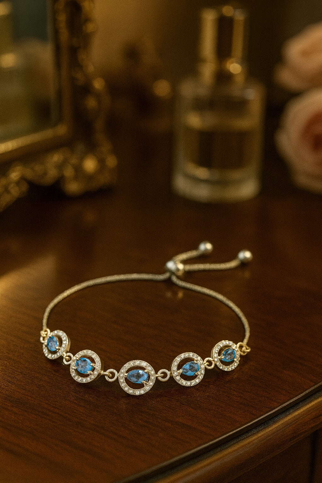 "Ocean Blue Gemstone Bracelet with Diamond Halo & Adjustable Chain – Elegant Luxury Jewelry"