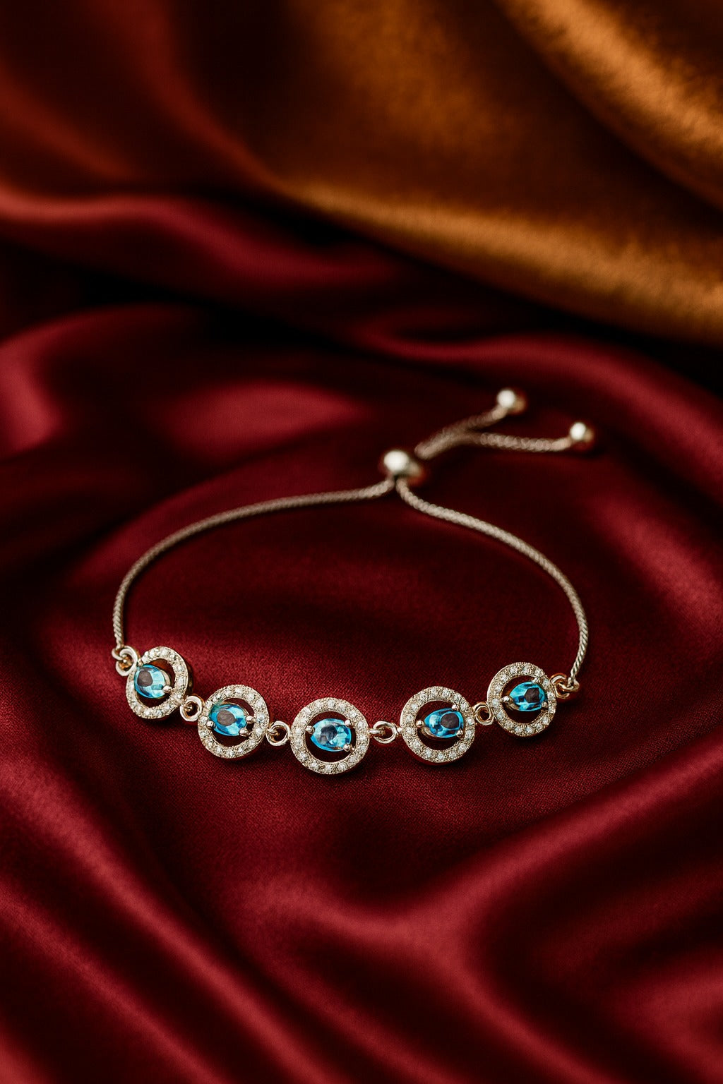 "Ocean Blue Gemstone Bracelet with Diamond Halo & Adjustable Chain – Elegant Luxury Jewelry"