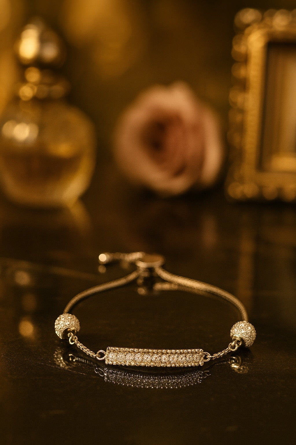 ✨ Adjustable Silver-Tone Bracelet with Sparkling CZ Bar & Beaded Charms ✨