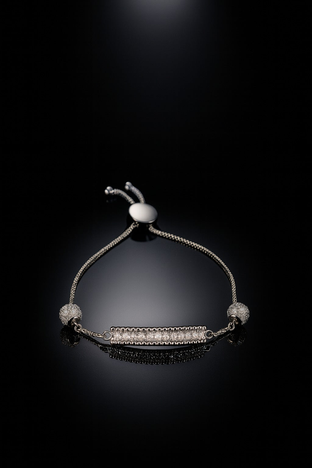✨ Adjustable Silver-Tone Bracelet with Sparkling CZ Bar & Beaded Charms ✨