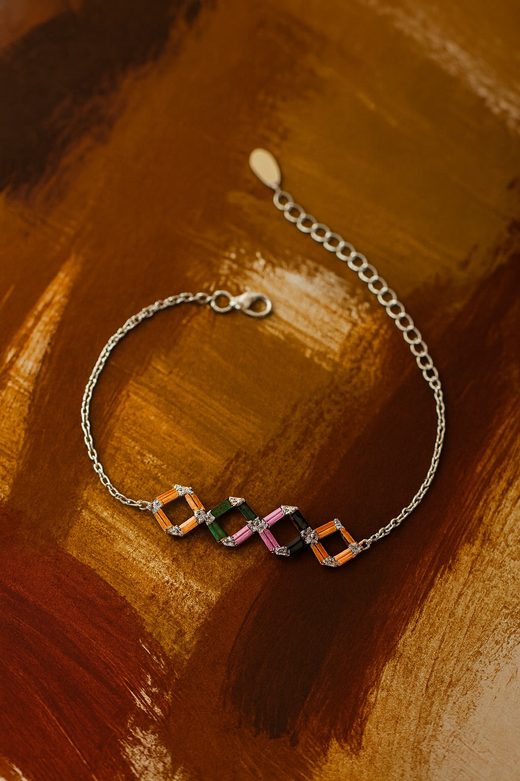 "Exquisite Silver Chain Bracelet with Multicolor Geometric Diamond-Shaped Links"