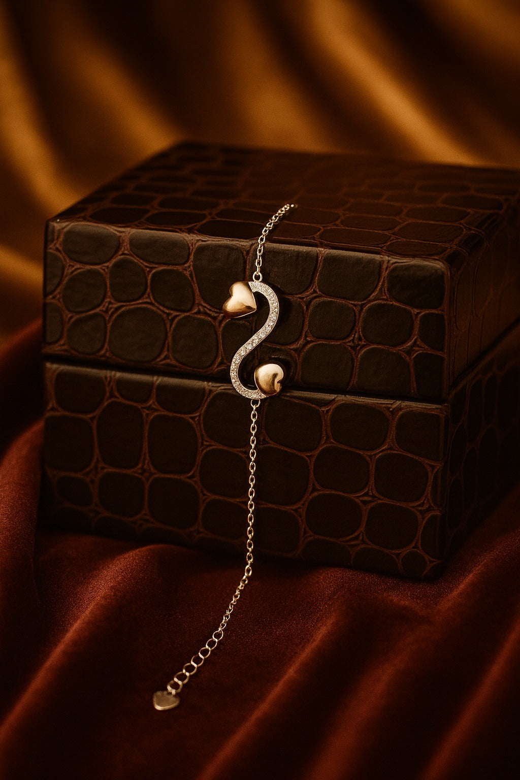 "Delicate Silver Chain Bracelet with Twin Heart Charm and Sparkling Curve Design"