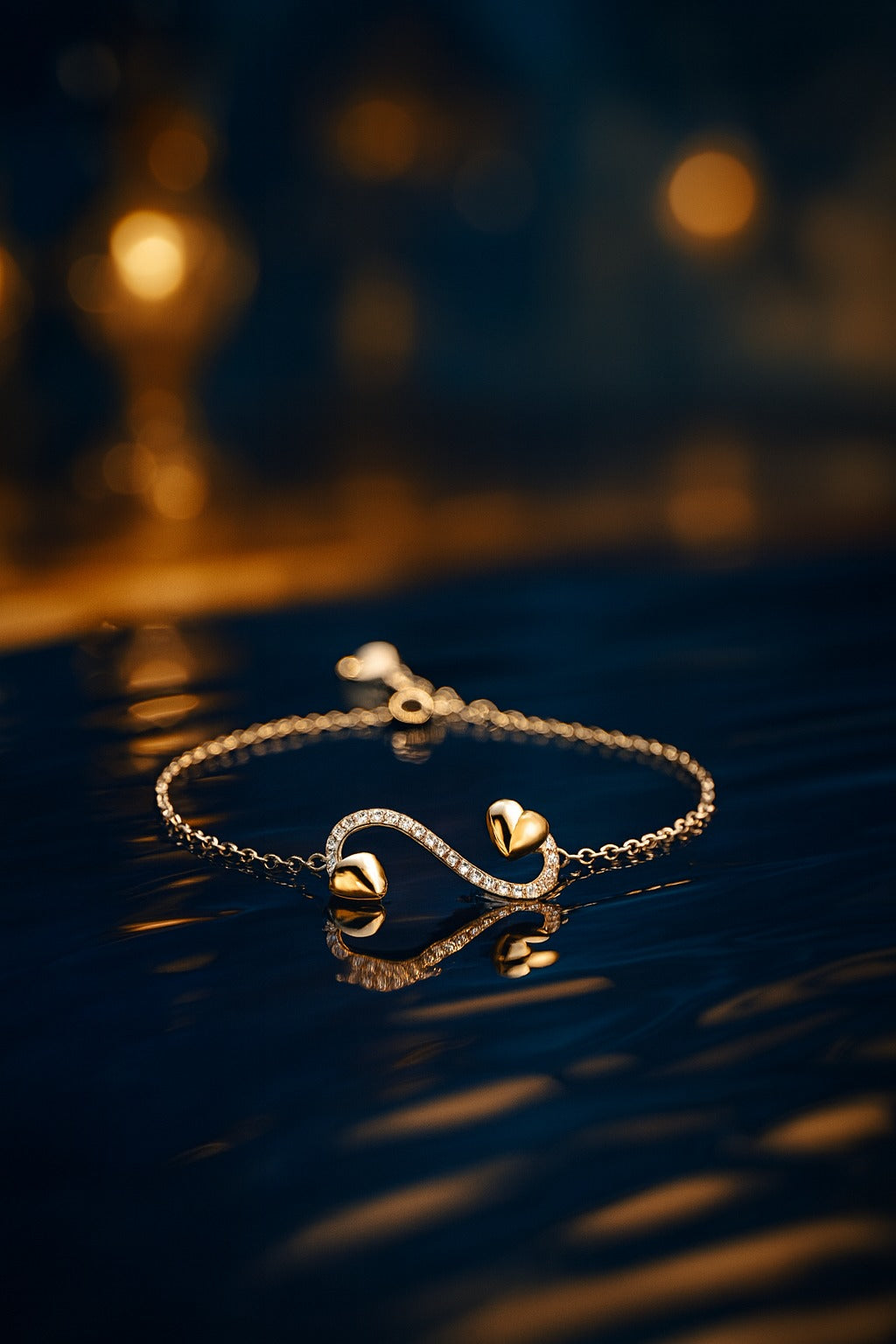 "Delicate Silver Chain Bracelet with Twin Heart Charm and Sparkling Curve Design"