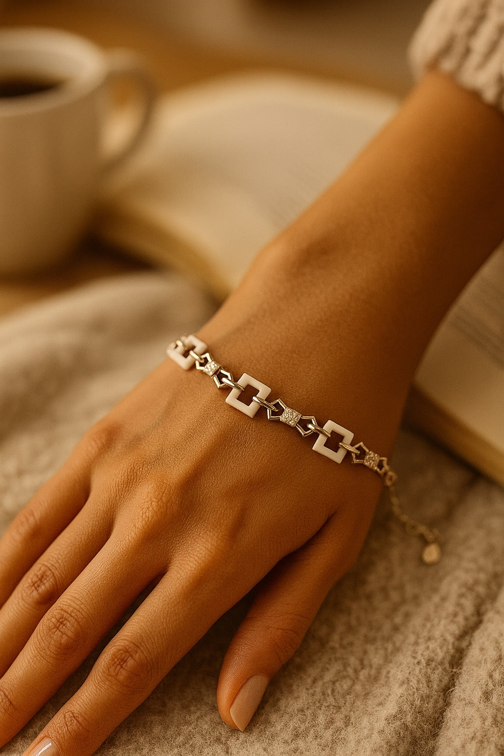 "Elegant Geometric Silver Bracelet with White Square Links & Sparkling Accents"