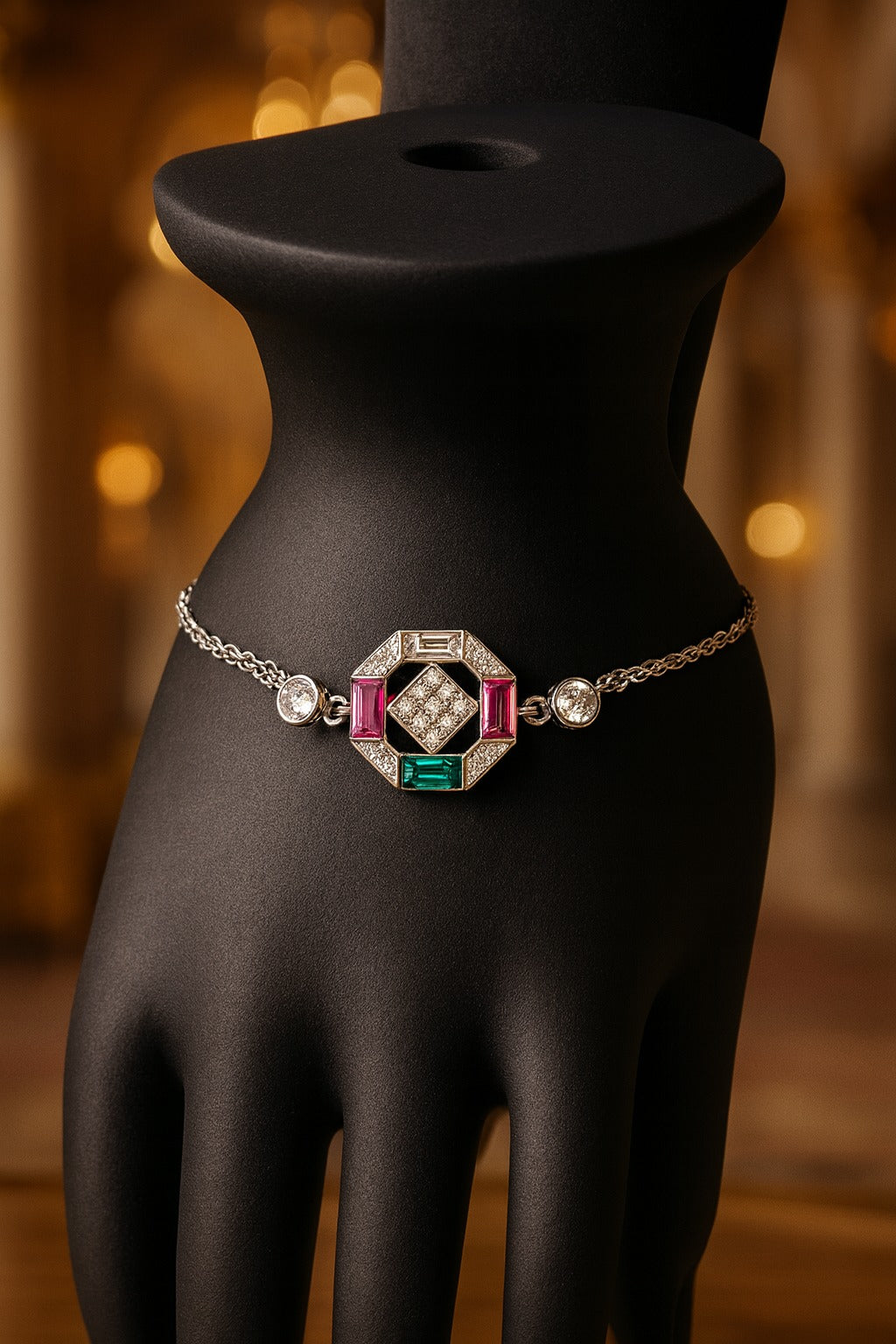 Radiant Geometric Charm Bracelet with Diamonds, Emerald & Ruby Accents
