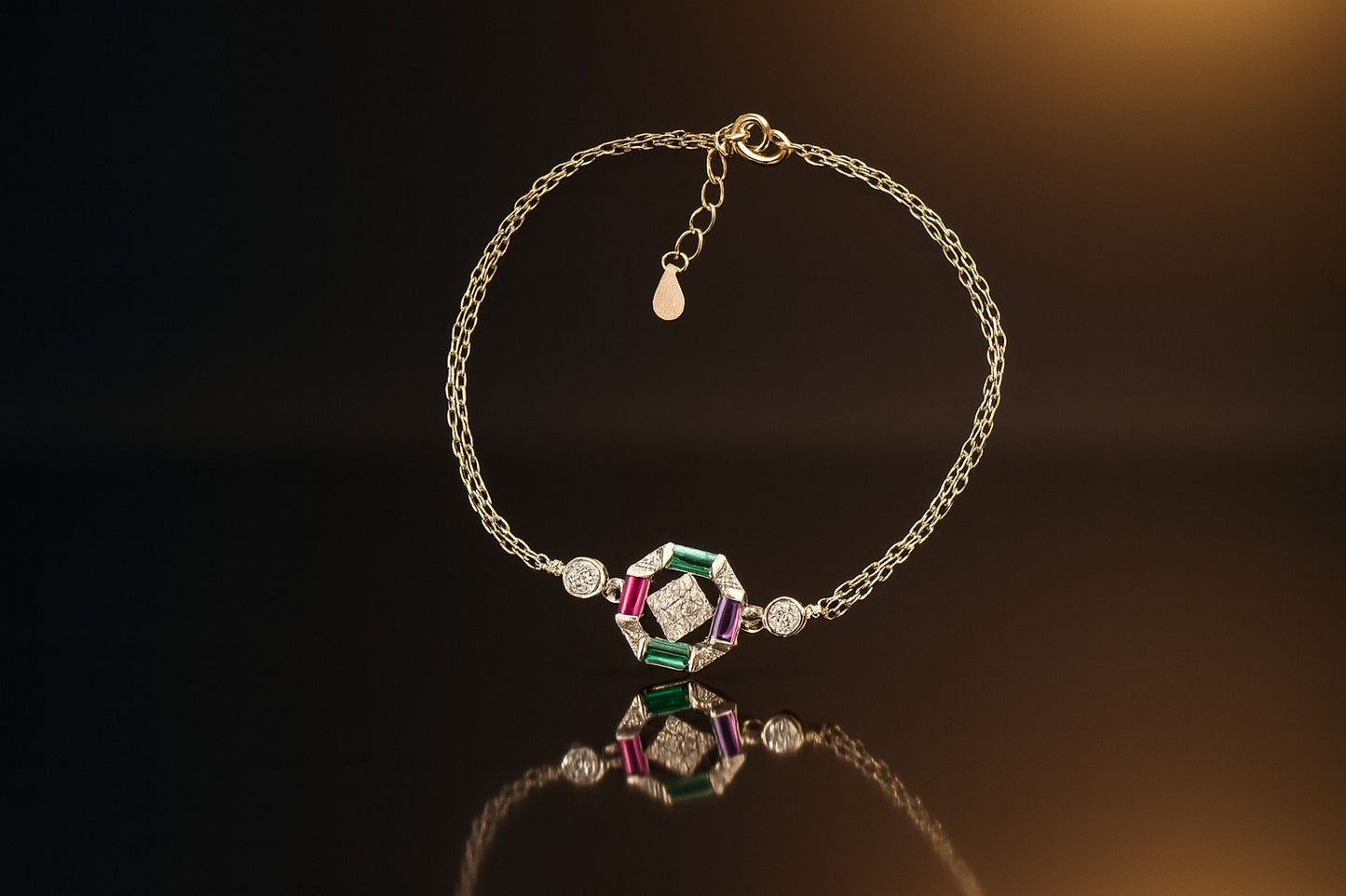 Radiant Geometric Charm Bracelet with Diamonds, Emerald & Ruby Accents