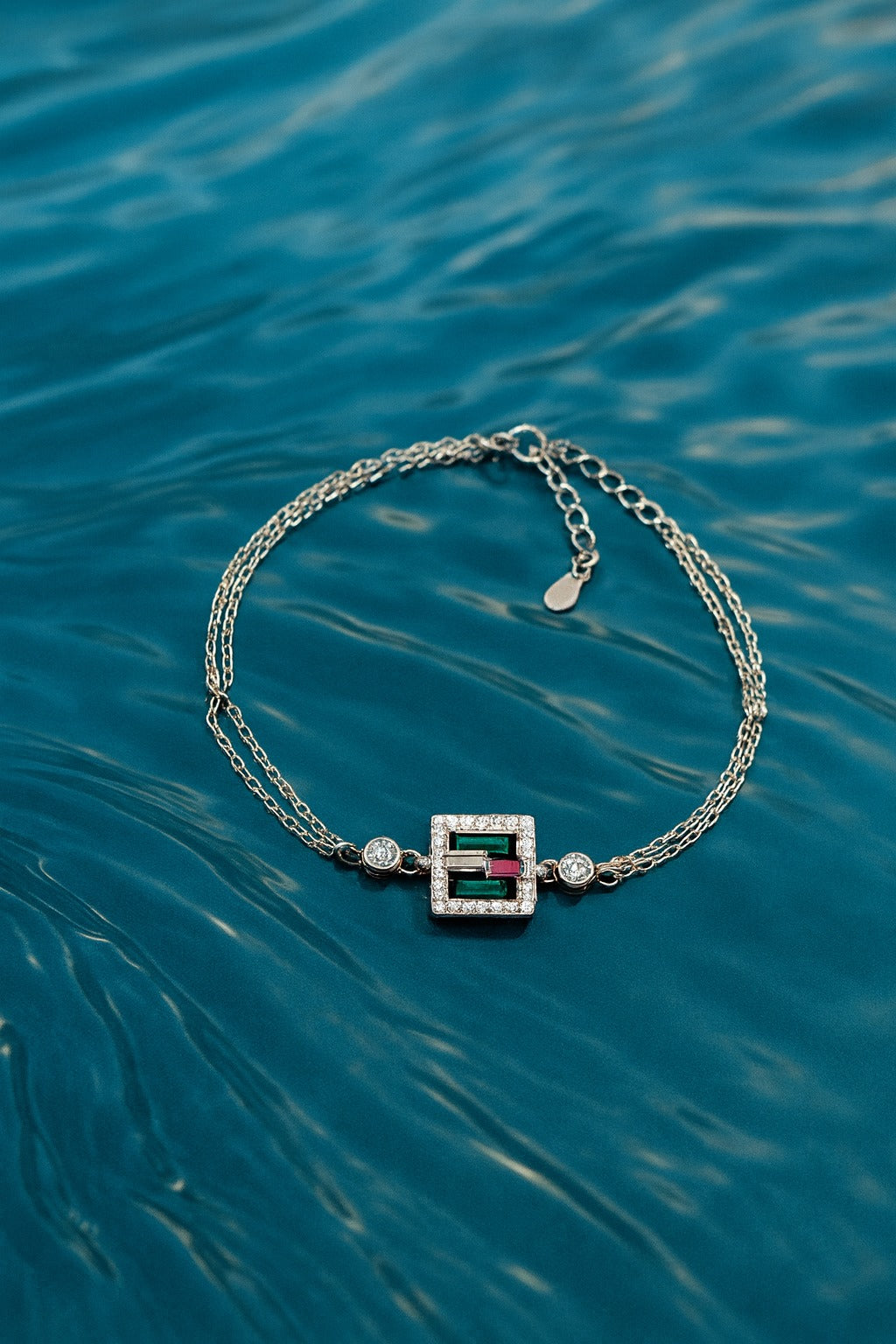 “Elegant Sterling Silver Bracelet with Square Motif, Accented by Multicolor Gemstones and Sparkling CZ Diamonds”