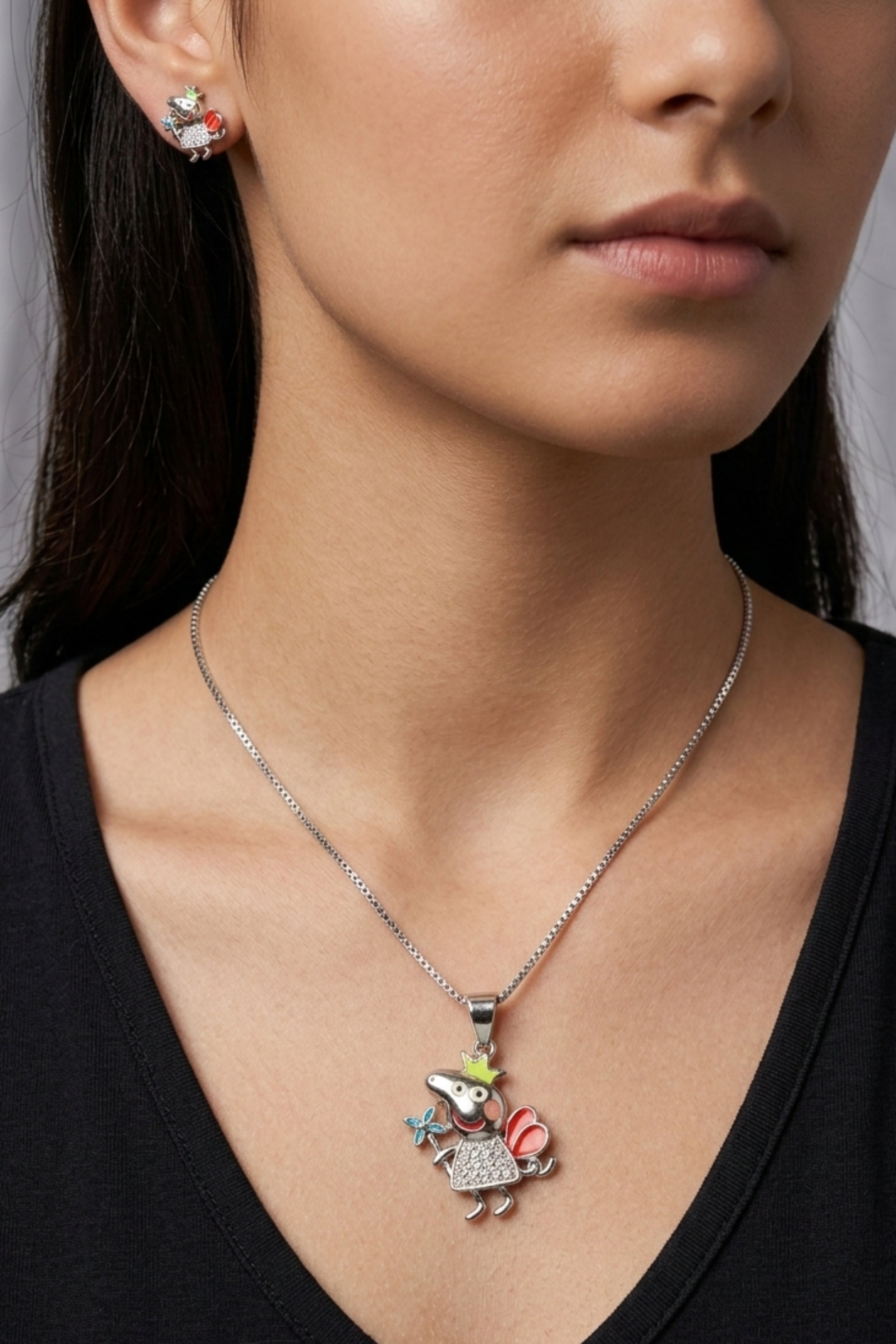 Cute Princess Fairy Pendant Necklace with Matching Earrings – Colorful Cartoon Jewelry Set for Girls