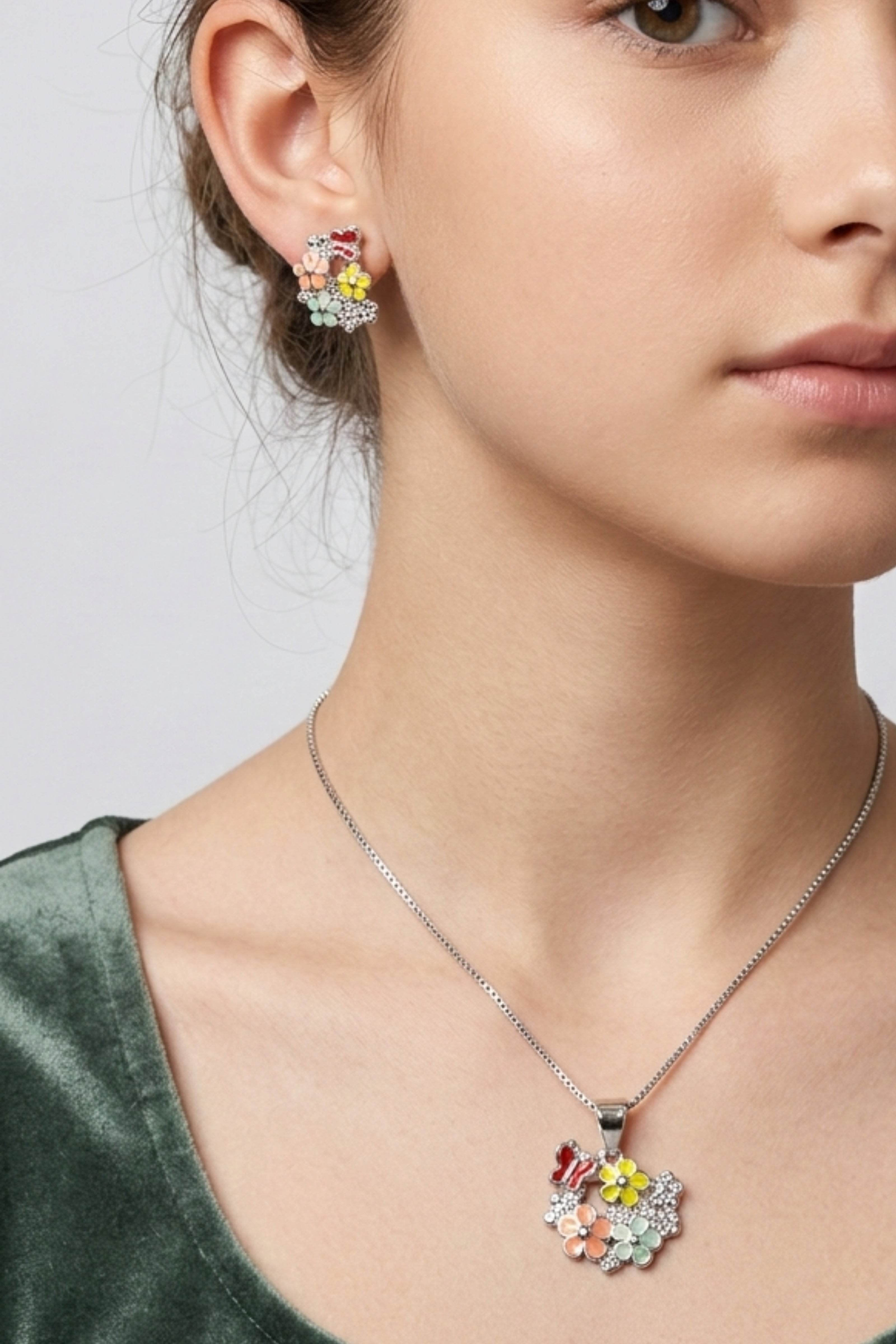 Colorful Floral Pendant Necklace with Matching Earrings – Cute Flower Jewelry Set for Women & Girls