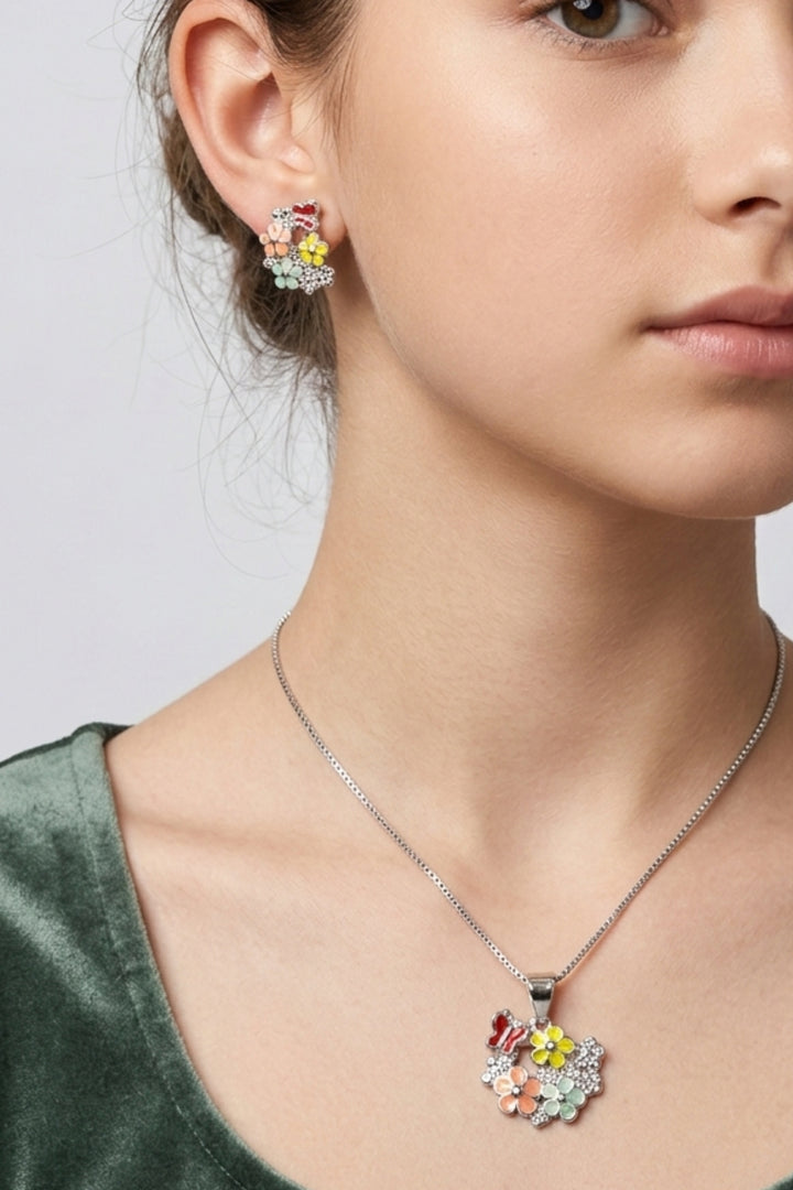 Colorful Floral Pendant Necklace with Matching Earrings – Cute Flower Jewelry Set for Women & Girls