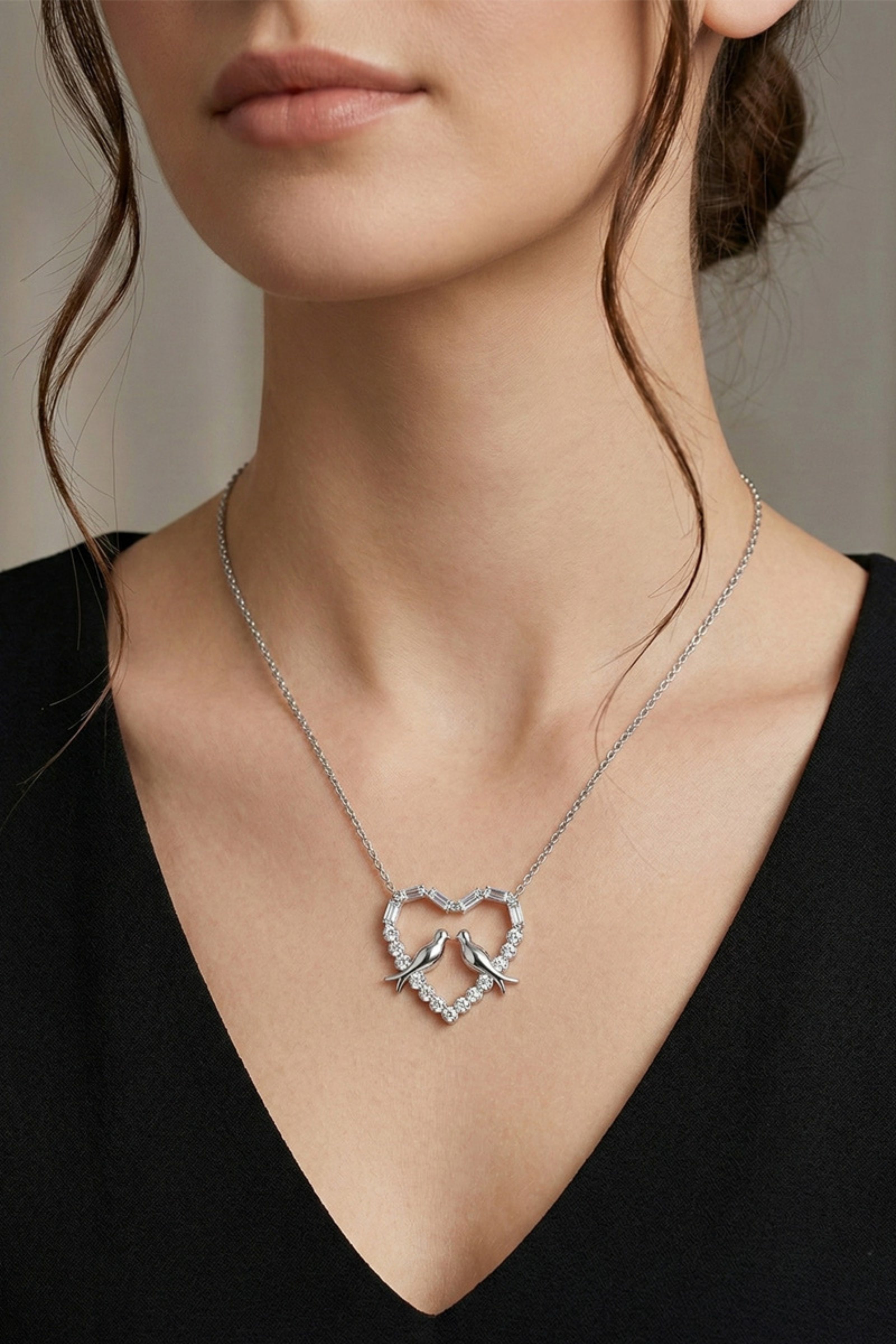 Elegant Diamond Heart Pendant Necklace with Love Birds – Sterling Silver Romantic Necklace
