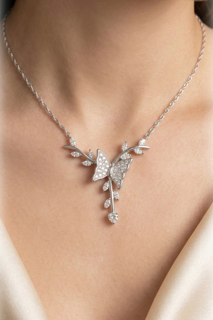 Elegant Butterfly Diamond Pendant Necklace – Silver Leaf Branch Design Necklace