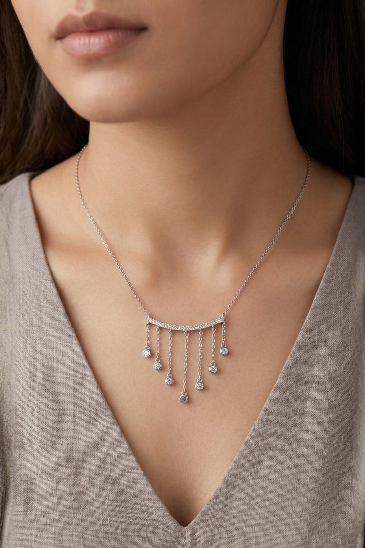 Elegant Crystal Tassel Drop Necklace – Silver Sparkling Chain Pendant Necklace for Women