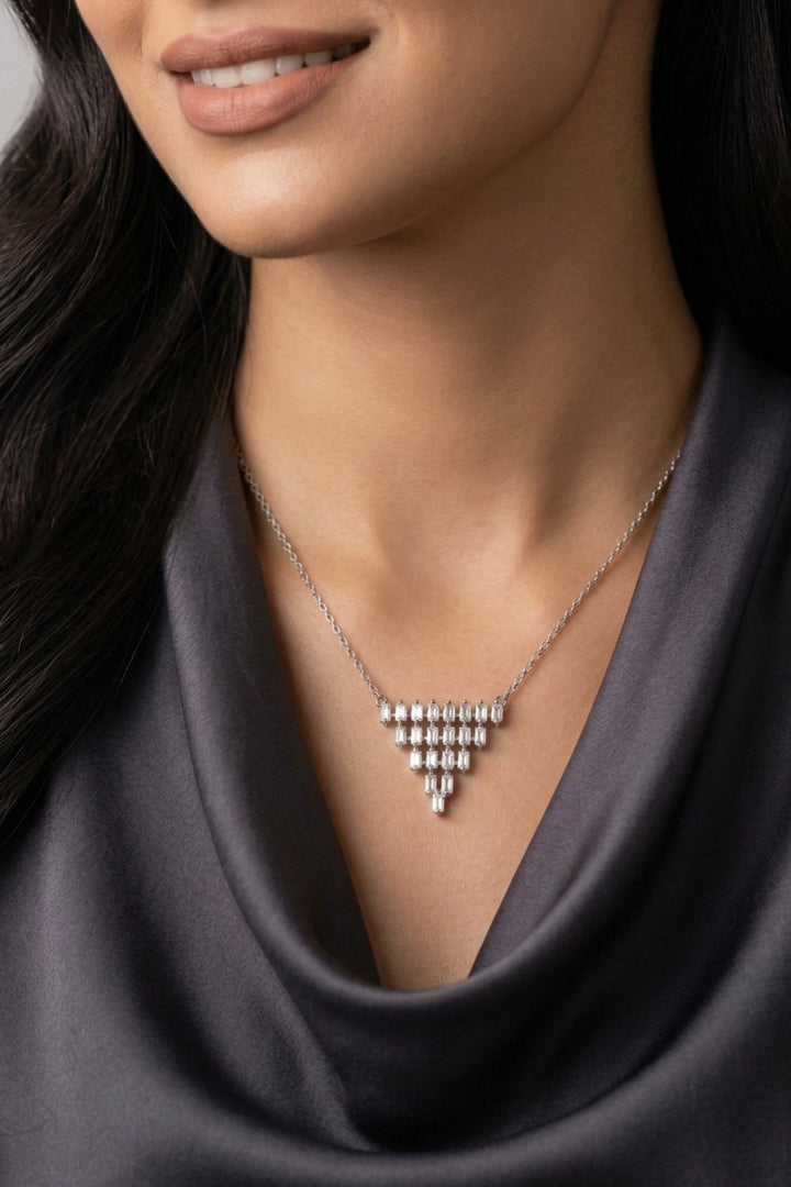 Geometric Crystal Drop Necklace – Elegant Silver Baguette Stone Pendant Necklace for Women