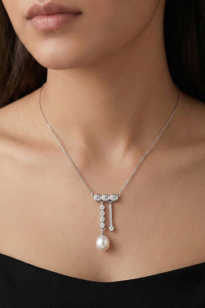 Elegant Pearl Drop Crystal Necklace – Silver Pendant Necklace for Women