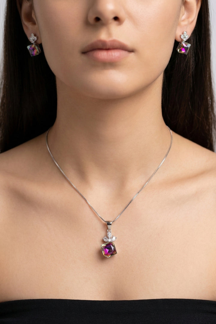 Rainbow Prism Crystal Pendant Necklace with Matching Earrings – Elegant Silver Jewelry Set for Women