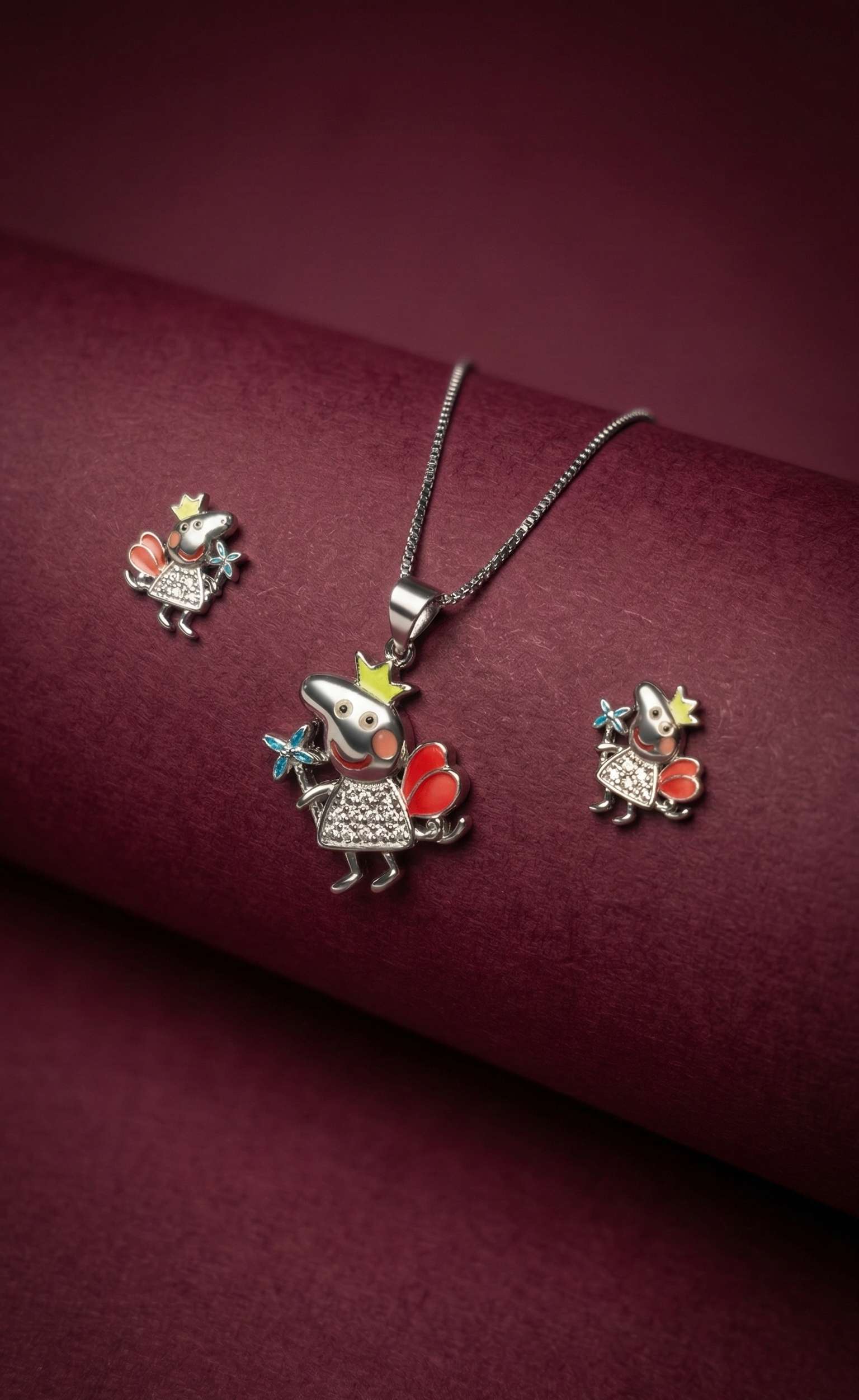 Cute Princess Fairy Pendant Necklace with Matching Earrings – Colorful Cartoon Jewelry Set for Girls