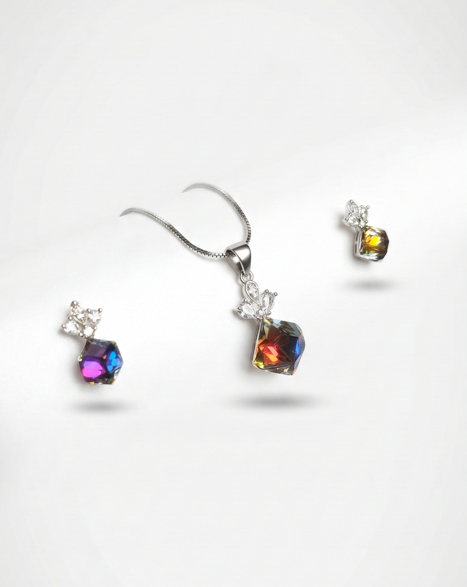 Rainbow Prism Crystal Pendant Necklace with Matching Earrings – Elegant Silver Jewelry Set for Women
