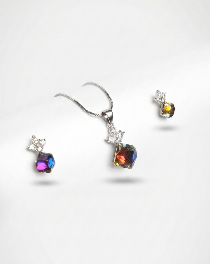Rainbow Prism Crystal Pendant Necklace with Matching Earrings – Elegant Silver Jewelry Set for Women