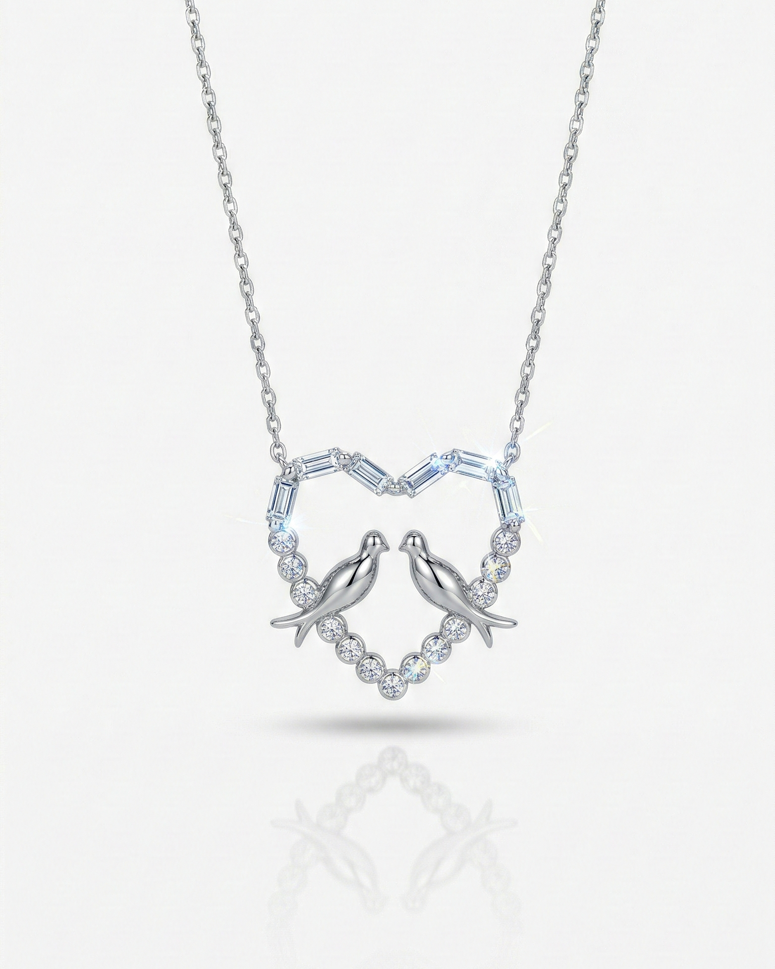 Elegant Diamond Heart Pendant Necklace with Love Birds – Sterling Silver Romantic Necklace