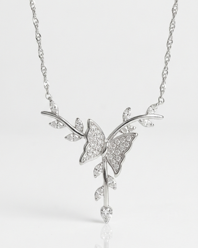 Elegant Butterfly Diamond Pendant Necklace – Silver Leaf Branch Design Necklace