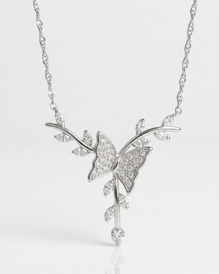 Elegant Butterfly Diamond Pendant Necklace – Silver Leaf Branch Design Necklace