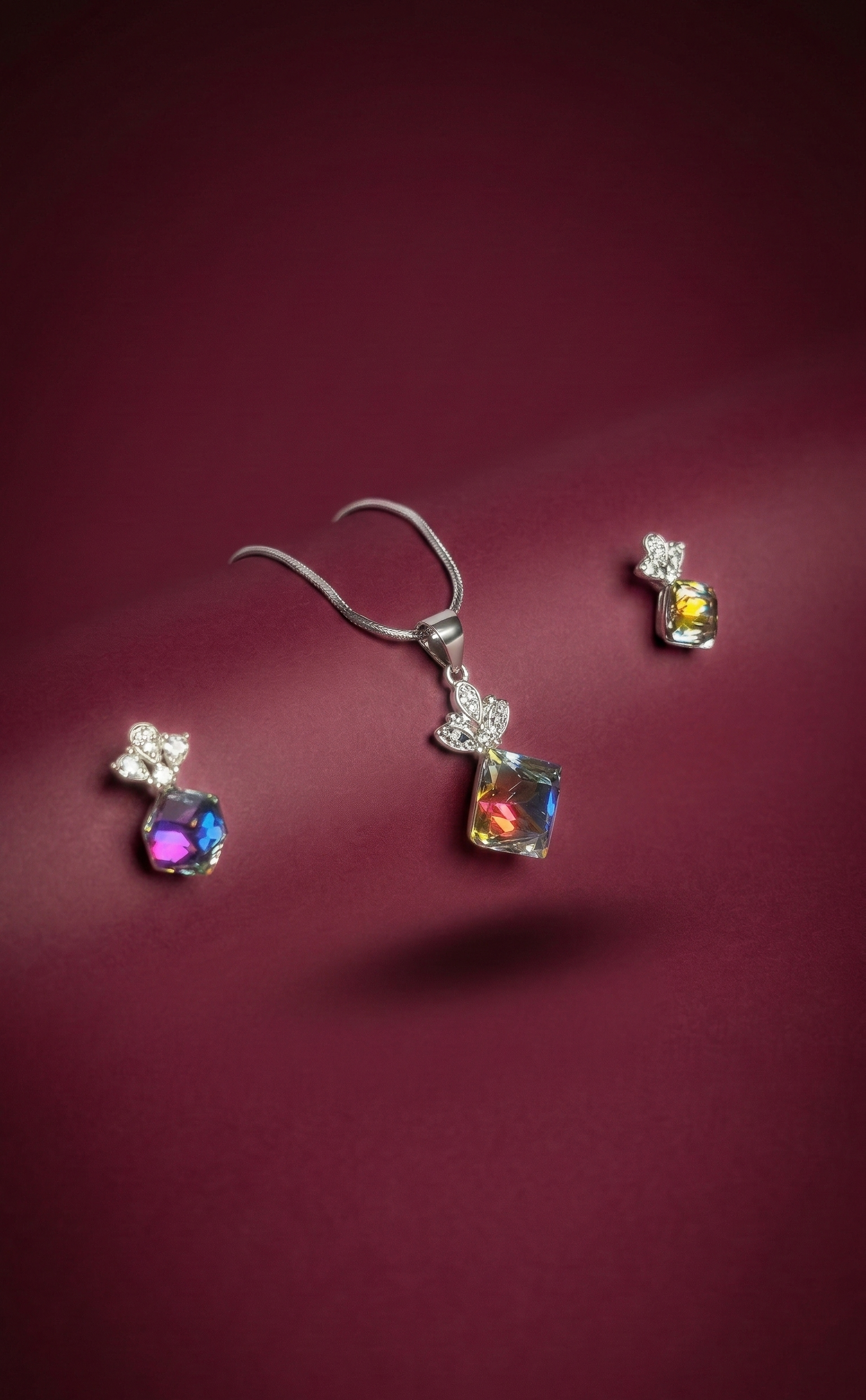 Rainbow Prism Crystal Pendant Necklace with Matching Earrings – Elegant Silver Jewelry Set for Women