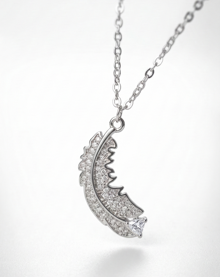 Elegant Crystal Feather Pendant Necklace – Silver Sparkling Feather Jewelry for Women