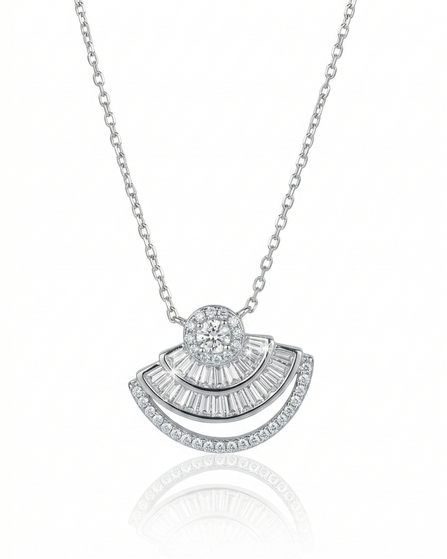 Luxury Fan-Shaped Diamond Pendant Necklace – Elegant Silver Statement Necklace