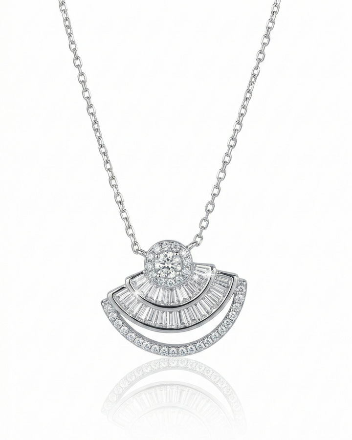 Luxury Fan-Shaped Diamond Pendant Necklace – Elegant Silver Statement Necklace