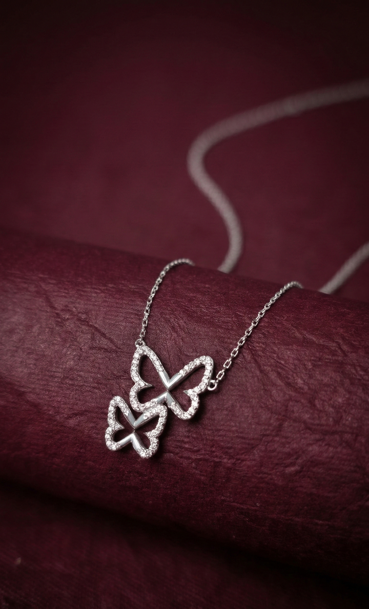 Elegant Double Butterfly Crystal Pendant Necklace – Silver Fashion Necklace for Women