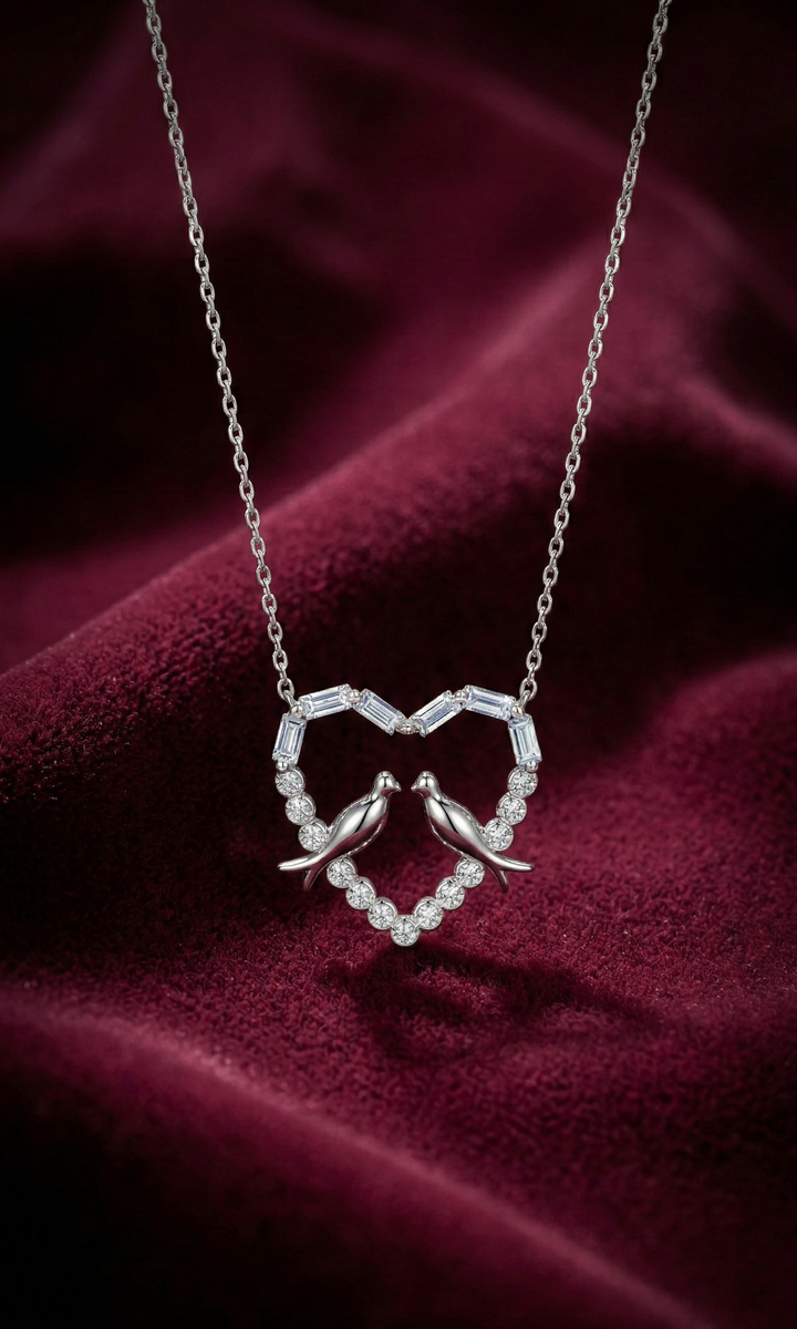 Elegant Diamond Heart Pendant Necklace with Love Birds – Sterling Silver Romantic Necklace