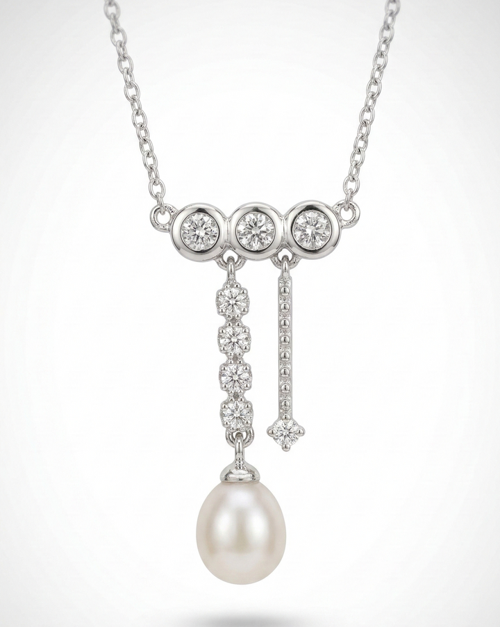 Elegant Pearl Drop Crystal Necklace – Silver Pendant Necklace for Women