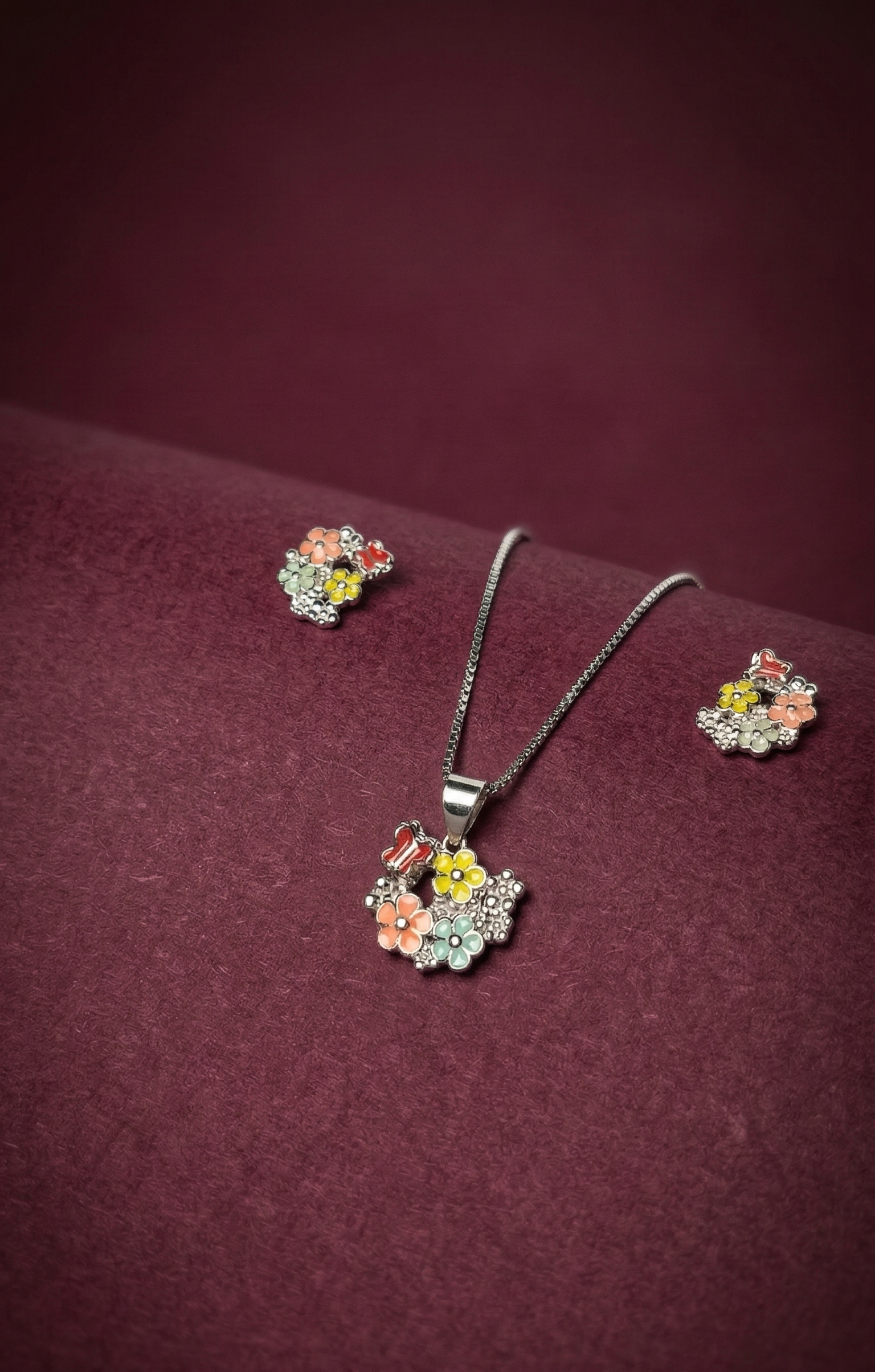 Colorful Floral Pendant Necklace with Matching Earrings – Cute Flower Jewelry Set for Women & Girls