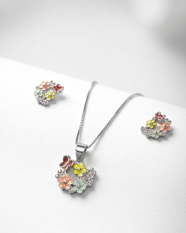Colorful Floral Pendant Necklace with Matching Earrings – Cute Flower Jewelry Set for Women & Girls