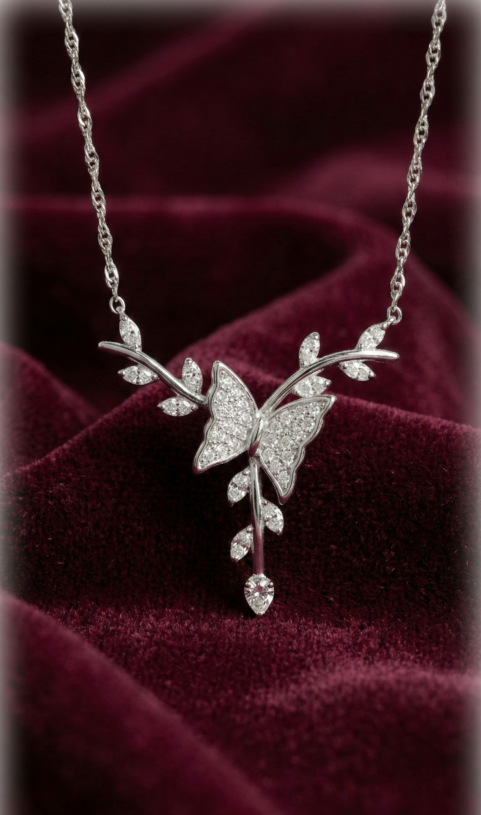 Elegant Butterfly Diamond Pendant Necklace – Silver Leaf Branch Design Necklace