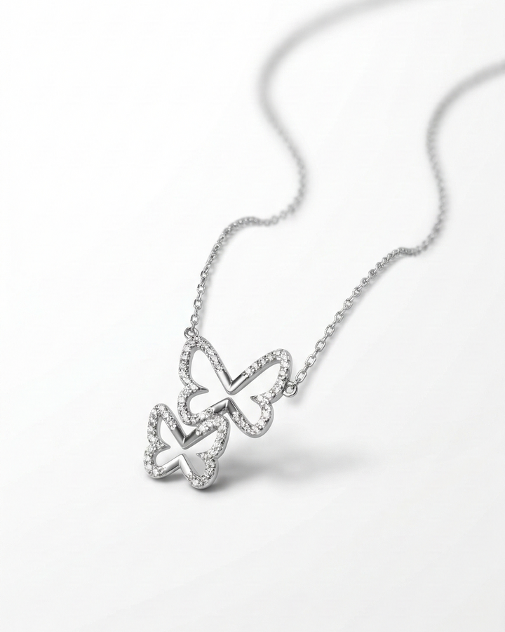 Elegant Double Butterfly Crystal Pendant Necklace – Silver Fashion Necklace for Women