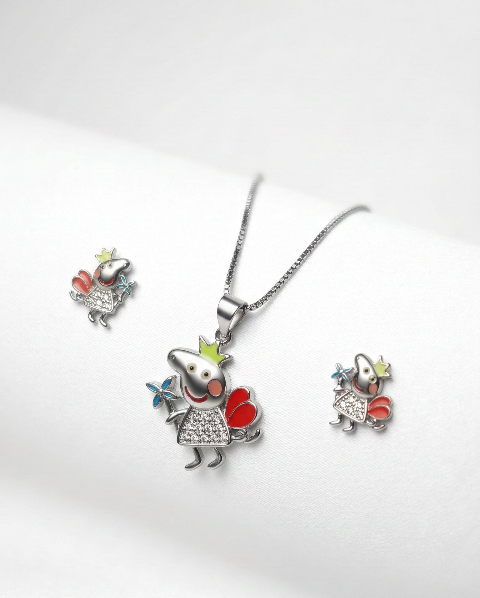 Cute Princess Fairy Pendant Necklace with Matching Earrings – Colorful Cartoon Jewelry Set for Girls