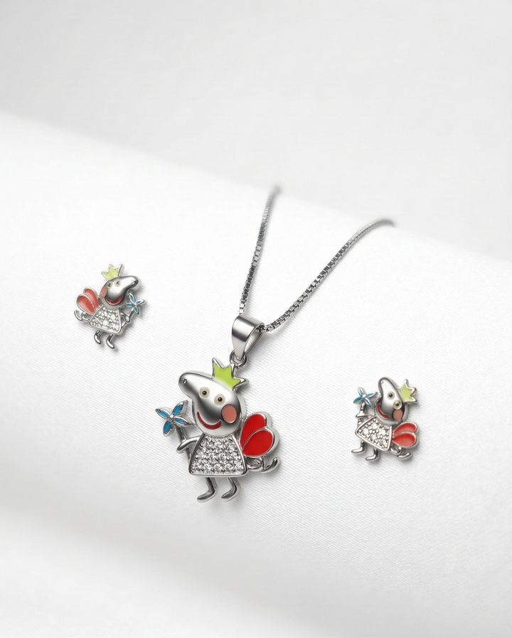 Cute Princess Fairy Pendant Necklace with Matching Earrings – Colorful Cartoon Jewelry Set for Girls