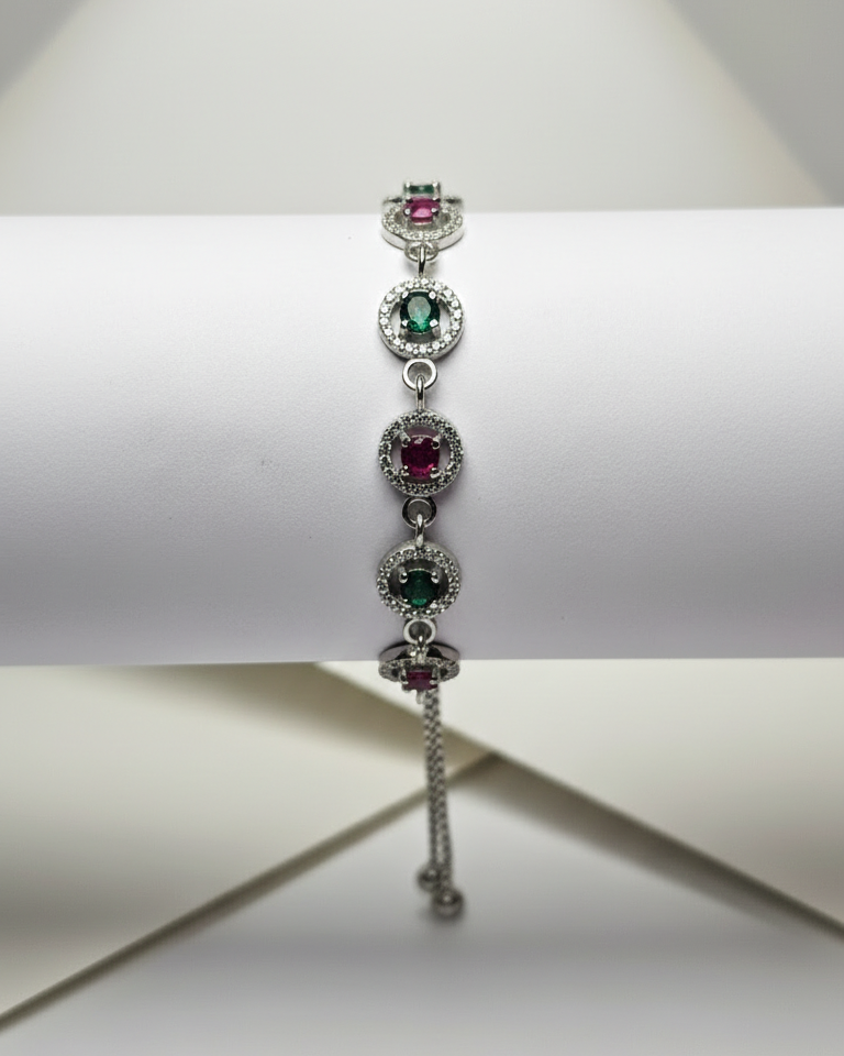 Multicolor Crystal Halo Adjustable Silver Bracelet