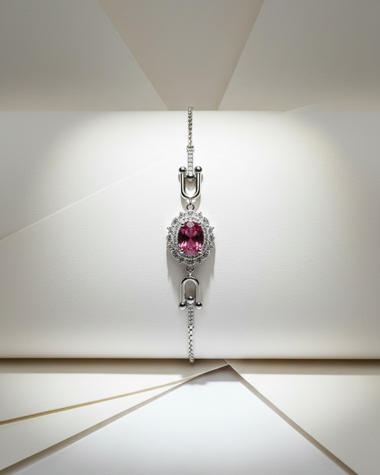 Pink Crystal Halo Adjustable Silver Bracelet