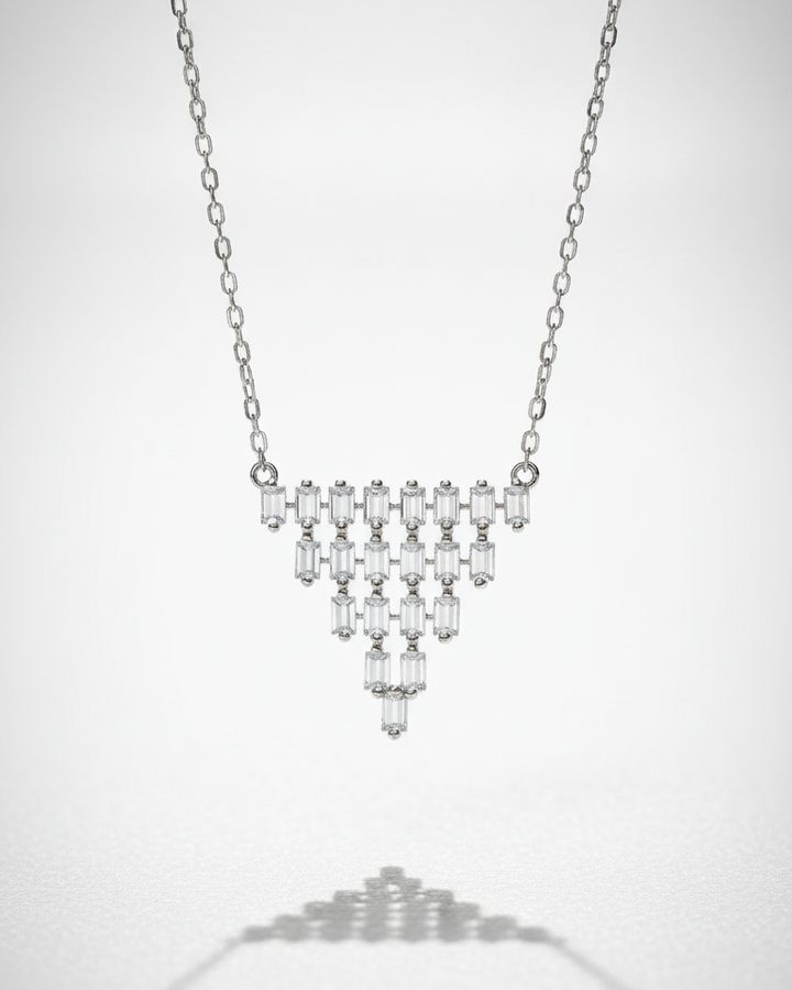 Geometric Crystal Drop Necklace – Elegant Silver Baguette Stone Pendant Necklace for Women