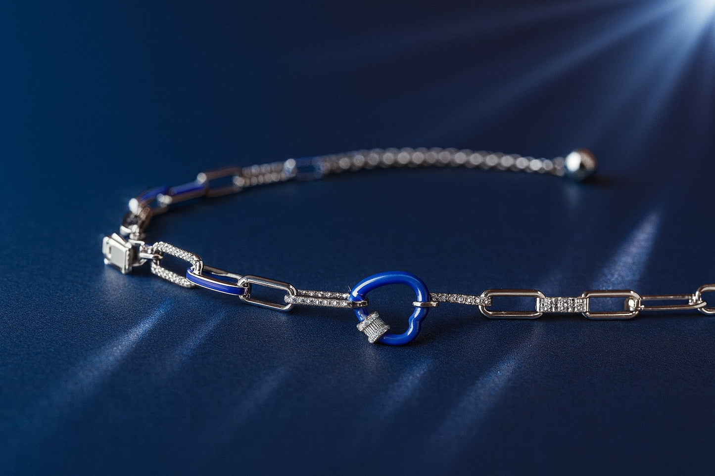Modern Chain-Link Bracelet with Blue Enamel and Sparkling Accents.