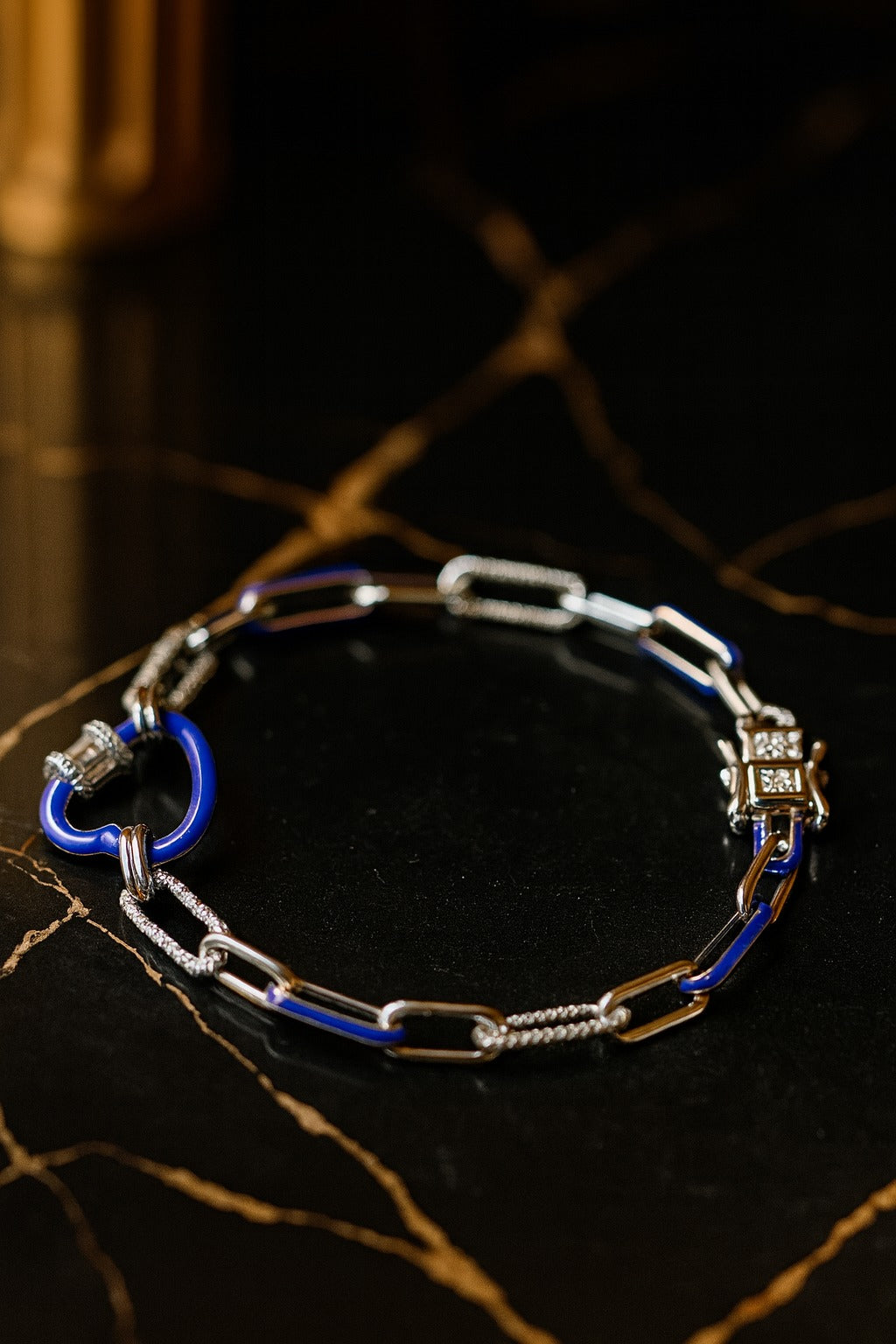 Modern Chain-Link Bracelet with Blue Enamel and Sparkling Accents.