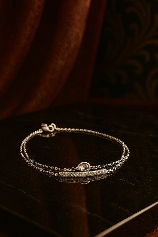 "Delicate Silver Bracelet with Teardrop Green Stone and Dual Chain Design"