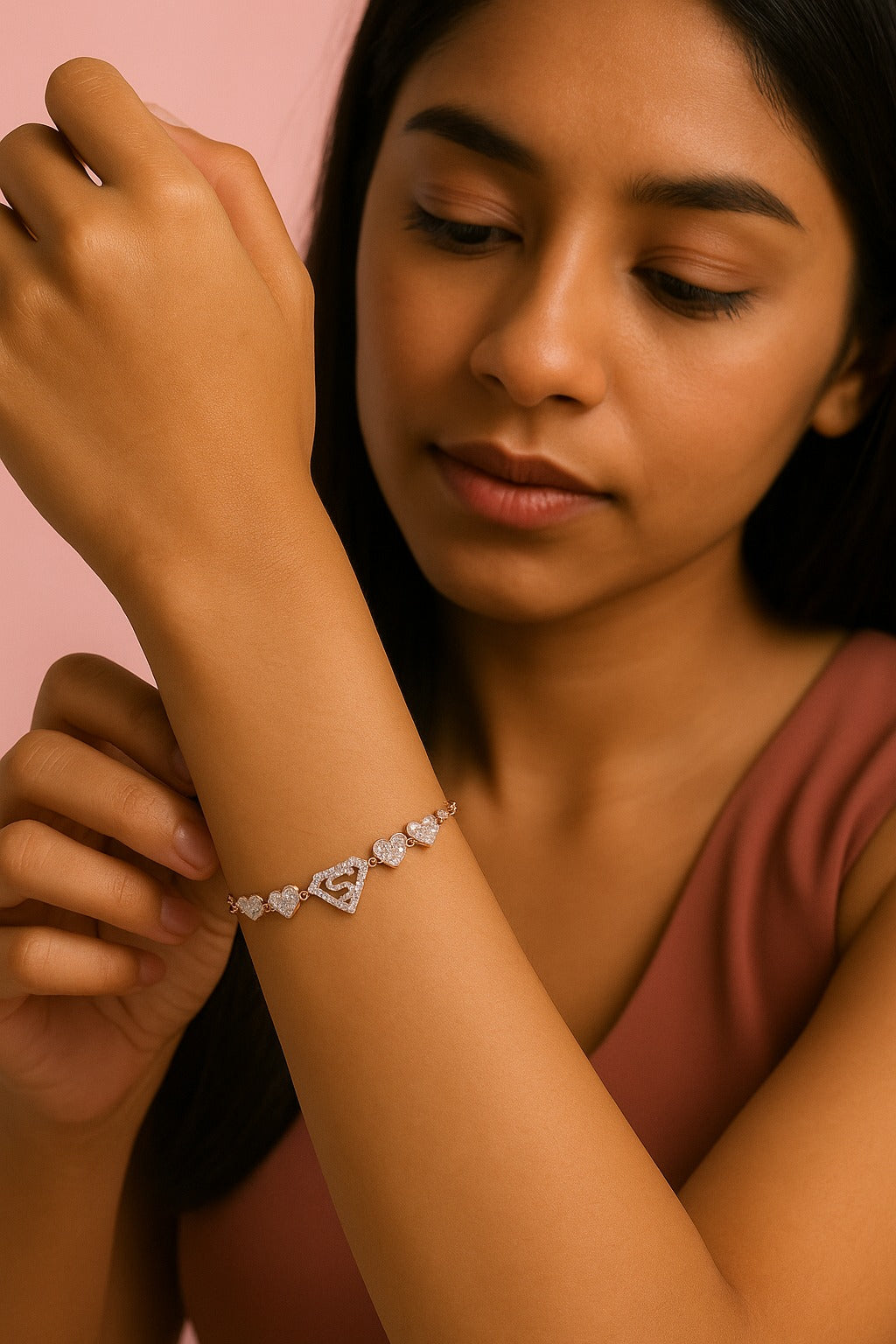 "Superwoman Inspired Bracelet with Sparkling Heart Charms"