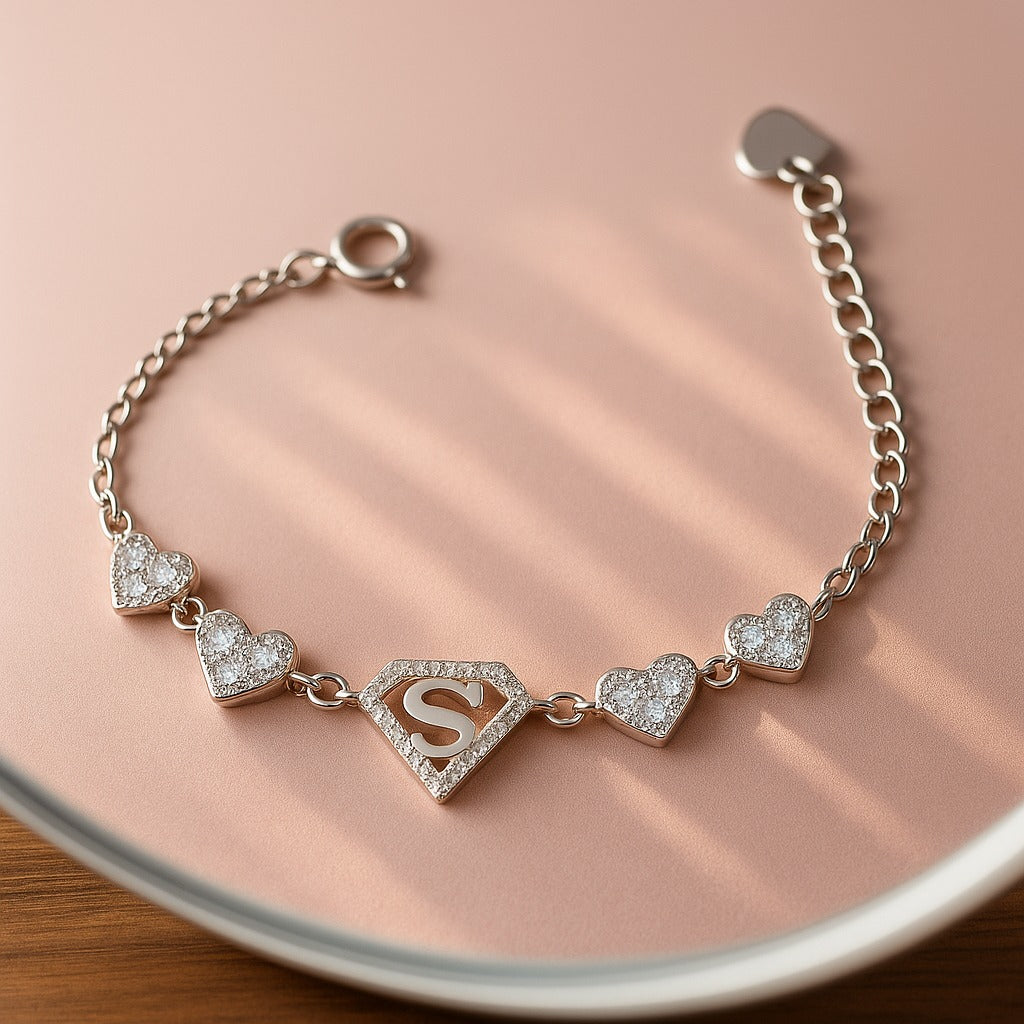 "Superwoman Inspired Bracelet with Sparkling Heart Charms"