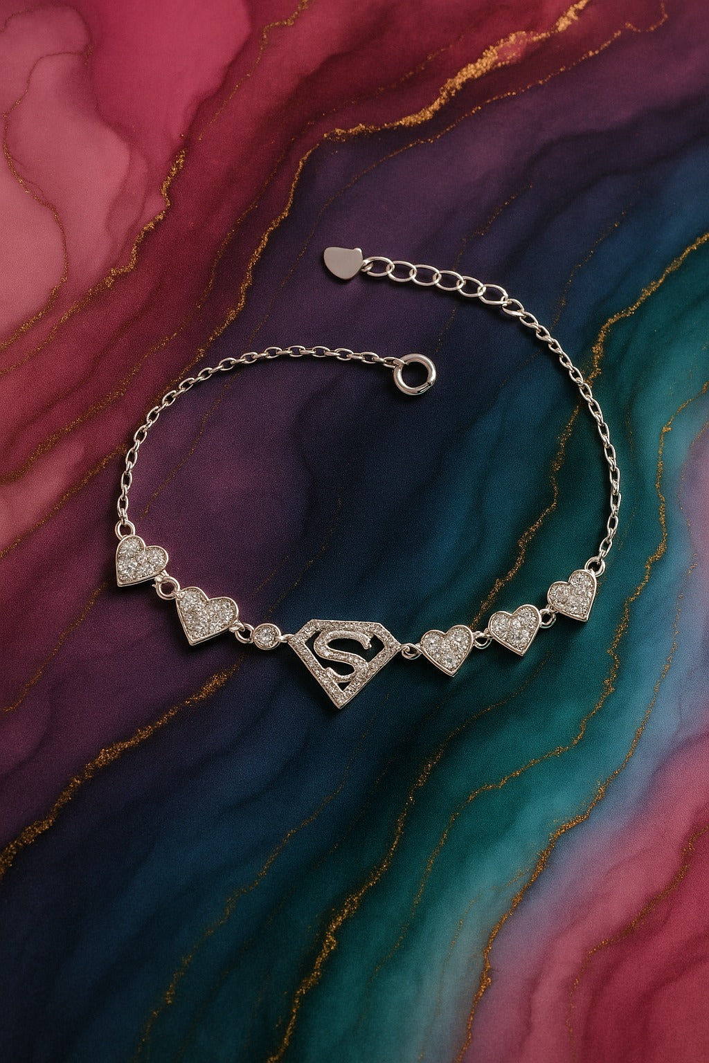 "Superwoman Inspired Bracelet with Sparkling Heart Charms"