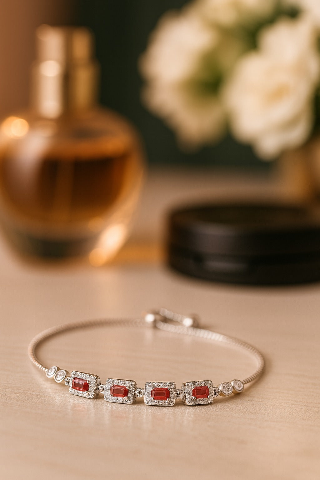 "Radiant Ruby & Diamond Halo Adjustable Bracelet"